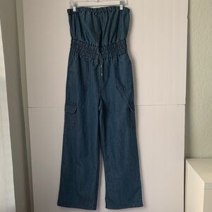 Indulge Stylish Strapless Blue Women's Lightweight Cargo Jumpsuit Size M